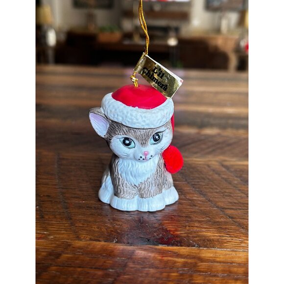 Vintage Jasco Porcelain Kitty Ornament With Santa Hat & Pom Pom Red White Brown - Picture 2 of 10